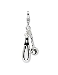 Sterling Silver 3 D Enameled Baseball and Bat with Lobster Clasp Charm