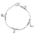 Celestial Theme Blue Czech Glass and Sterling Silver Rock Bead Toggle Bracelet with Man in the Moon, Crescent Moon and Star Charms, 7 1/4" long, #8076
