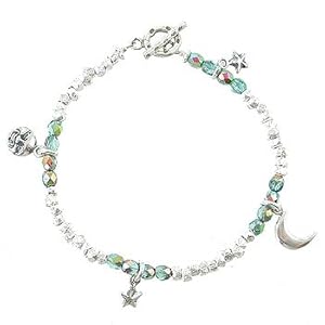 Celestial Theme Blue Czech Glass and Sterling Silver Rock Bead Toggle Bracelet with Man in the Moon, Crescent Moon and Star Charms, 7 1/4" long, #8076