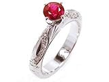 Ruby and Diamond Right Hand Wave Ring Hand Engraved and Fine Milgrain, 18k White Gold, Ring Size 6, Tw 1.05 Carat