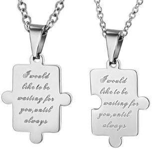Stainless Steel Couples Jigsaw Puzzle Love Letter 2 Necklace Pendant Set (His and Hers) Black / Silver Women's Men's Fashion Jewelry (Free Chains Included)