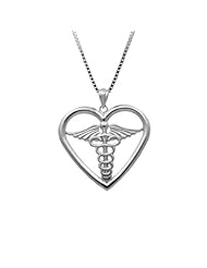 Sterling Silver Caduceus in Heart Necklace Pendant with Box Chain