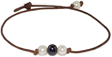 High Quality 2 White, 1 Black Freshwater Cultured 9.5-10.5mm Pearl Necklace on Brown Leather Cord, 16"