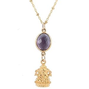 Detailed Gold Vermeil Ganesh and Lotus Flower Pendant with Faceted Amethyst Gemstone on a 16" 14kt Gold Filled Saturn Chain, #7742