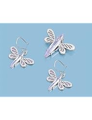 Sterling Silver Lavender CZ Carved Wings Dragonfly Earring Pendant Set
