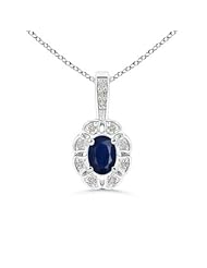 Floral Round Diamond and Oval Blue Sapphire Pendant Necklace - 0.6 ct TGW