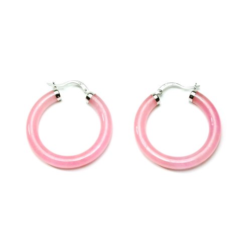 Sterling Silver Pink Chinese Jade Hoop Earrings