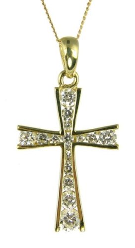 9ct Yellow Gold Ladies Cubic Zirconia Set Cross on 18 Curb Chain