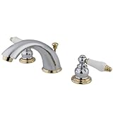 Kingston Brass KB974B+ Victorian Widespread Lavatory Faucet with Oak and Porcelain Handle, Polished Chrome and Polished Brass