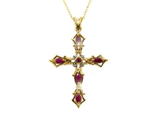 9ct Yellow Gold Large Ruby & Diamond Cross Pendant On 18 Rope Chain