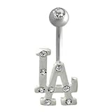 Los Angeles Dodgers "LA" 316L Stainless Steel Belly Ring with Clear Cubic Zirconia - 14G - 3/8 Inch Bar Length - Sold Individually