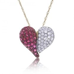 Pave Ruby & Diamond Heart Pendant in Yellow Gold with Necklace