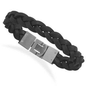 Braided Black Leather Bracelet 10.5mm Width 8.5-inch Length
