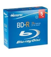 Memorex 32020014034 25GB 4X Write-Once BD-R Blu-ray Discs (5pk, Jewel Case)
