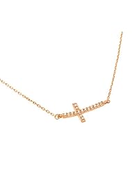 Sterling Silver Rose Gold Plated Sideways Curved Cz Cross Necklace 16 Inch Plus 1 Inch Adjustable