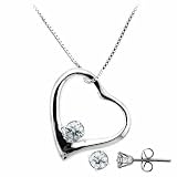 Sterling Silver Simulated Diamond cz Open Heart Pendant and Stud Earrings Set