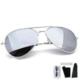 Mach10 Eyewear Unisex Men's / Women's Silver Fox Aviator Sunglasses - Fully Mirrored Aviator Sunglasses with Ultra Light Weight Silver 'T-Spark' Frames come compete with Protective Case, Cleaning Cloth, Micro Fibre Bag & Matching Cords offering Full UV400 Protection Cat 4 Lenses