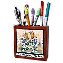Londons Times Funny Bugs and Slugs Cartoons - Fly Fencing Match - Tile Pen Holders-5 inch tile pen holder
