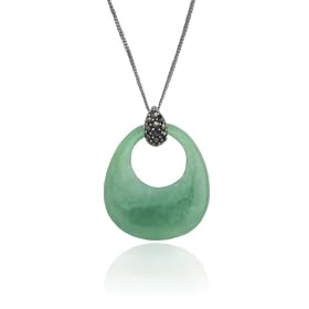 Sterling Silver Marcasite and Jadeite Open Oval Pendant, 18 by