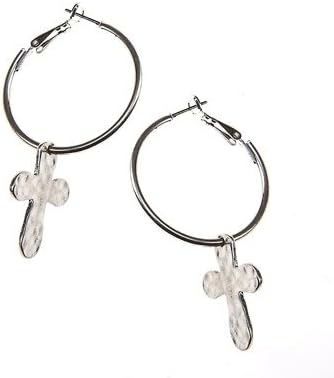 Designer Inspired Rounded Hammered Cross Hoop Earrings. Antique Silver Hoop 3" Earrings.