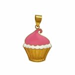 14k Yellow Gold Pink and White Enamel Cupcake Pendant