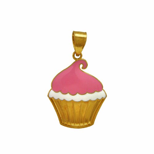 14k Yellow Gold Pink and White Enamel Cupcake Pendant