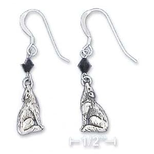 Sterling Silver Antiqued Wolf Earrings Black Swarovski Xtal - JewelryWeb