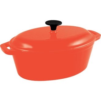 Orange oval cast iron 6.0 litre casserole pot - Cream enamelled interior - Oven to table cookware.