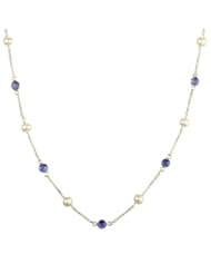 Sterling Silver Chain, Freshwater Pearl and 7 Station Blue Onyx Cabochon Necklace
