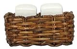 Woven Rattan Basket with White Ceramic Square Salt & Pepper Shakers 2" x 2" x 3"