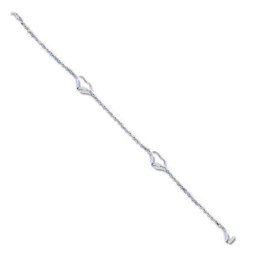 Sterling Silver 10 inch Polished Puffed Heart Anklet 10 inch