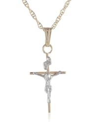 14k Yellow Gold Solid Stick Cross with Two-Tone Crucifix Pendant Necklace, 18"