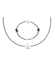 Les Poulettes Jewels - Necklace and Bracelet Set White Pearl 8-9 mm with Blue Navy Color Wax Cord