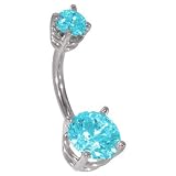 14G 3/8" - Double Round 14G 3/8" - Double Round Aquamarine Solid 14K White Gold Belly Ring - (March)