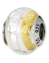 White, Silver and Gold Striped, Murano Glass Charm for 3mm Bracelets