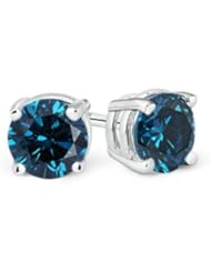 2 ct Enhanced Solitaire Blue Diamond Stud Earrings in White Gold Quality Best