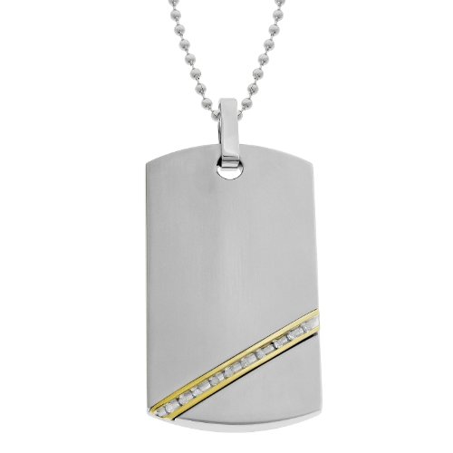 Stainless Steel Dog Tag Pendant with Diamond-Accent and 14k Gold, 20''