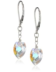 Sterling Silver Swarovski Elements Crystal Aurora Borealis Heart Shape Drop Earrings