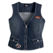 Click here to buy Harley Davidson Ladies Sporty Denim Vest. Zipper front. Two front buttoned pockets. Decorative....