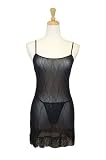 Exposed by Magic Silk Wavy Line Mesh Queen Chemise and G-String Set withFringe, One Size Queen, Black