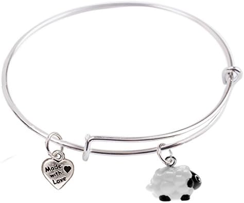 65mm, Expandable Bangle bracelet with 3-D Resin Baby Sheep and Heart Charm, Qty:1