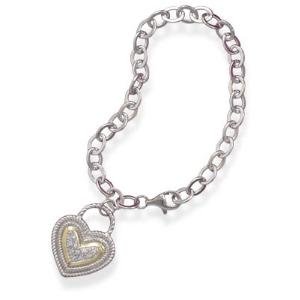 Two Tone 14K Gold Accent Heart Shape Sterling Silver and CZ Bracelet