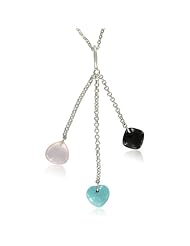 Sterling Silver 3 PCS Fancy Shaped Multi-Color Gemstones Pendant Necklace, 18"