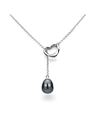 Heart Shape "Love" Lariat Necklace Sterling Silver 10.5-11mm Black Freshwater Pearl High Luster, 21" Length.