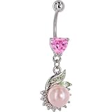 Pink Cubic Zirconia HEART PEARL DROP Belly Ring
