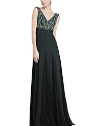 A-line V-neck Cocktail Floor Length Georgette Halter Mesh Beaded Sequined Lace Homecoming Dress/Pageant Dress/Prom Dress/Party Dress/Wedding Dress 