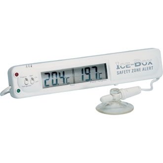 Fridge Freezer Thermometer Features alarm and dual sensors for fridge and room temperatures.
