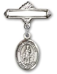 Sterling Silver Baby Badge with St. Cornelius Charm and Polished Badge Pin
