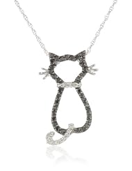 XPY 14k White Gold Black and White Diamond Cat Pendant (1/5 cttw), 18"