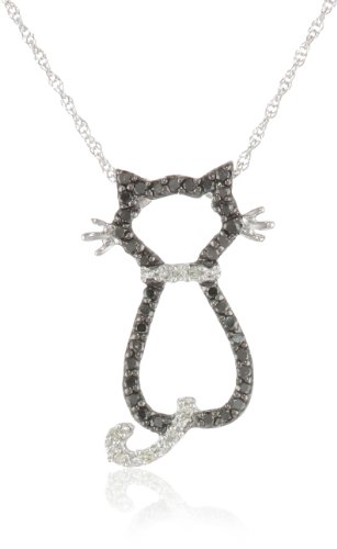 XPY 14k White Gold Black and White Diamond Cat Pendant (1/5 cttw), 18"